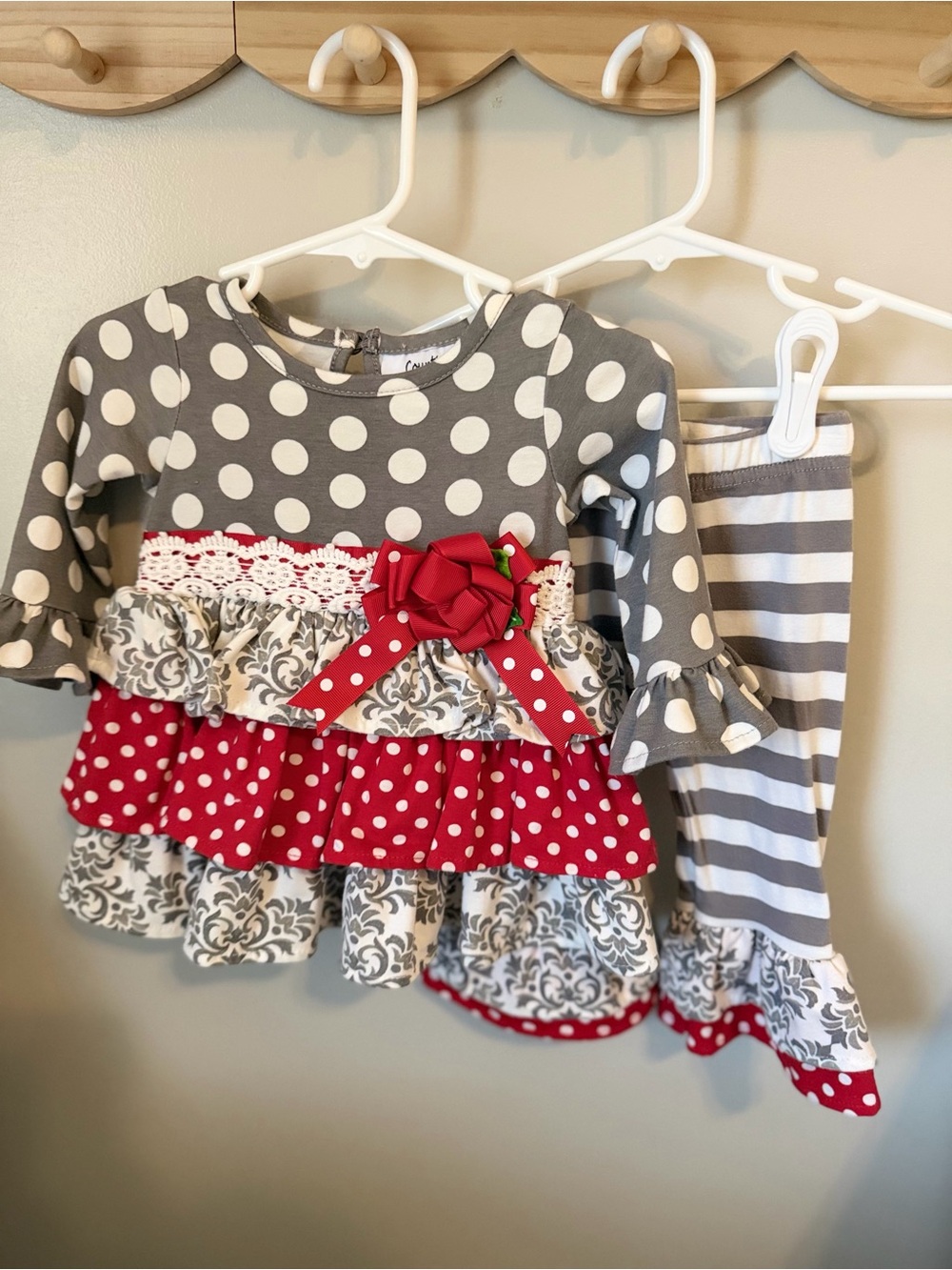 Counting Daisies Girls 3-6M 2Pc Polka Dot Ruffle Bow Top Stripe Pants Outfit Set